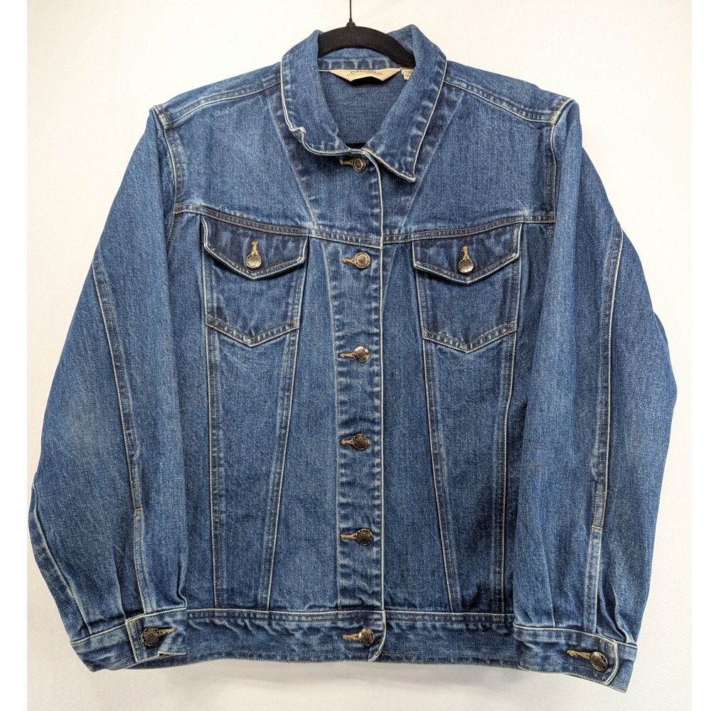 St Johns Bay Womens Petite Large Blue Denim Trucker Jacket 100% Cotton Mid Wash